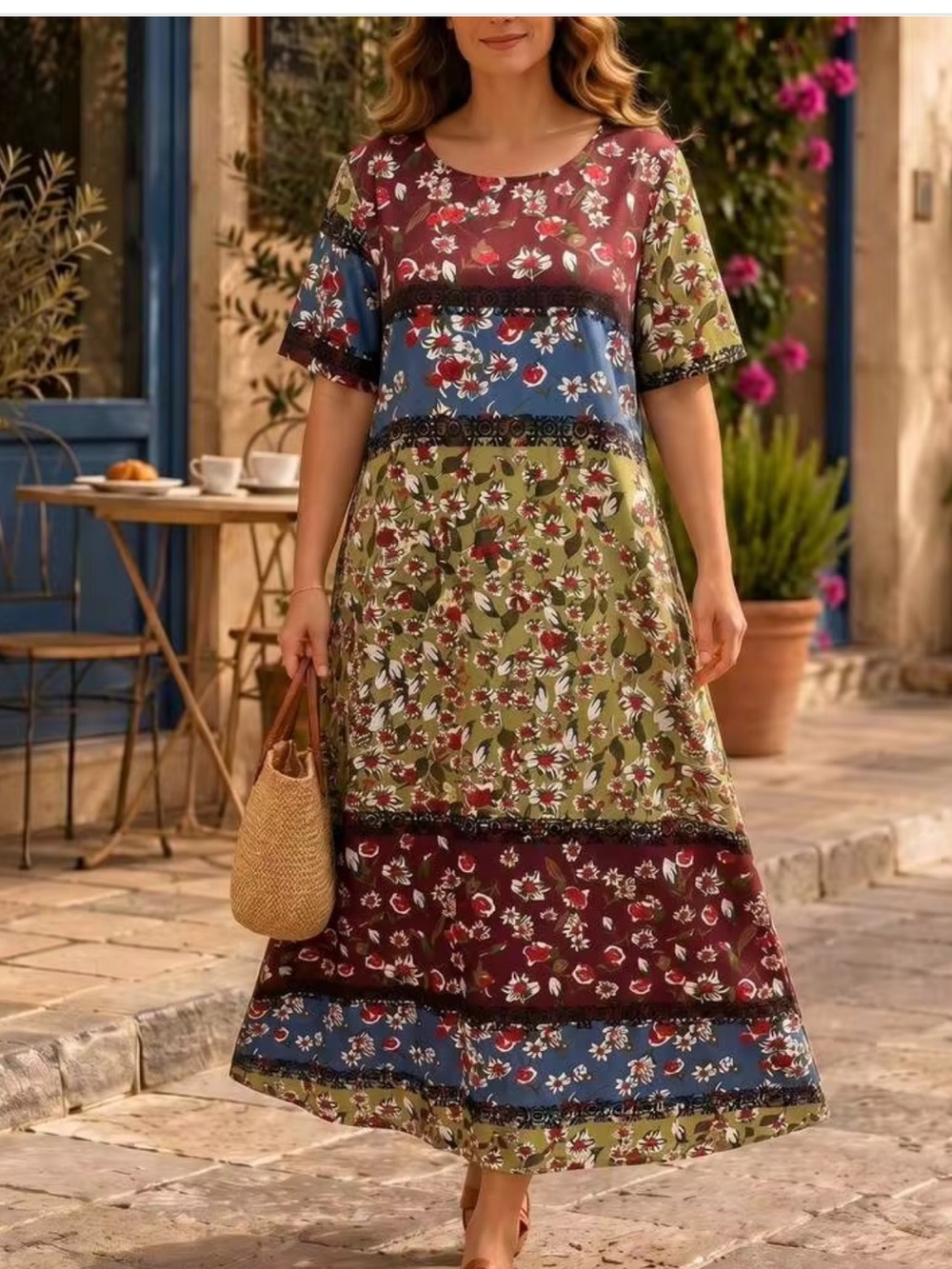 casual boho maxi dress features a charming mixed-floral patchwork pattern